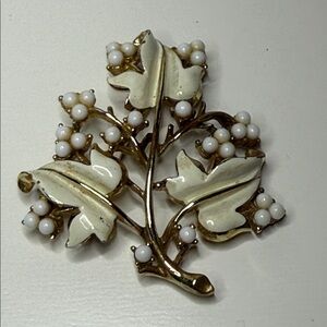 Vintage Coro signed Gold and Cream Leaf Brooch pin milk glass enamel leaf